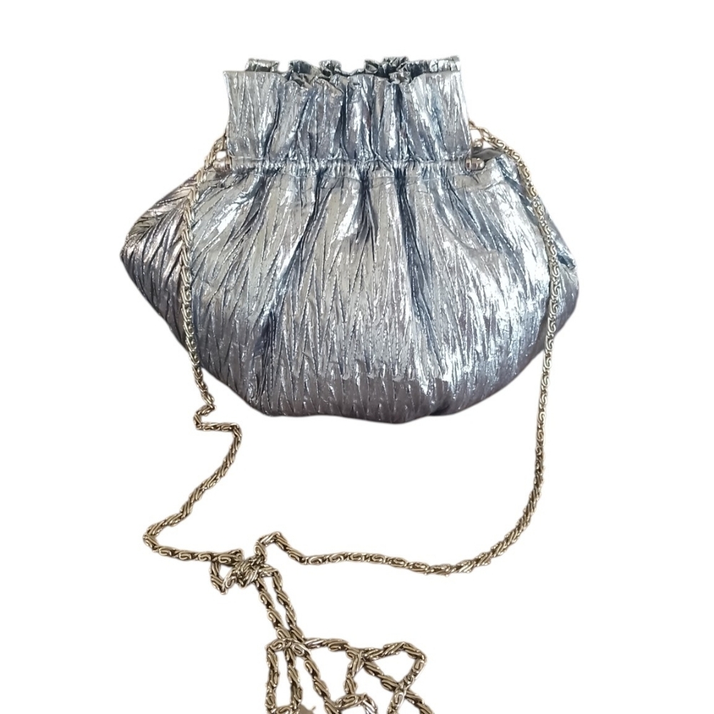 Vintage La Regale Silver Metallic Ruched Evening Bag Wedding Guest Clutch Chain